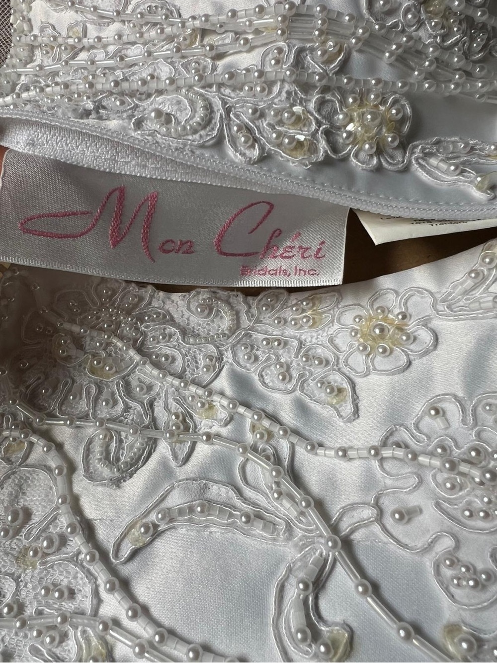 Mon Cheri White Satin Girls' Beaded Floral Dress